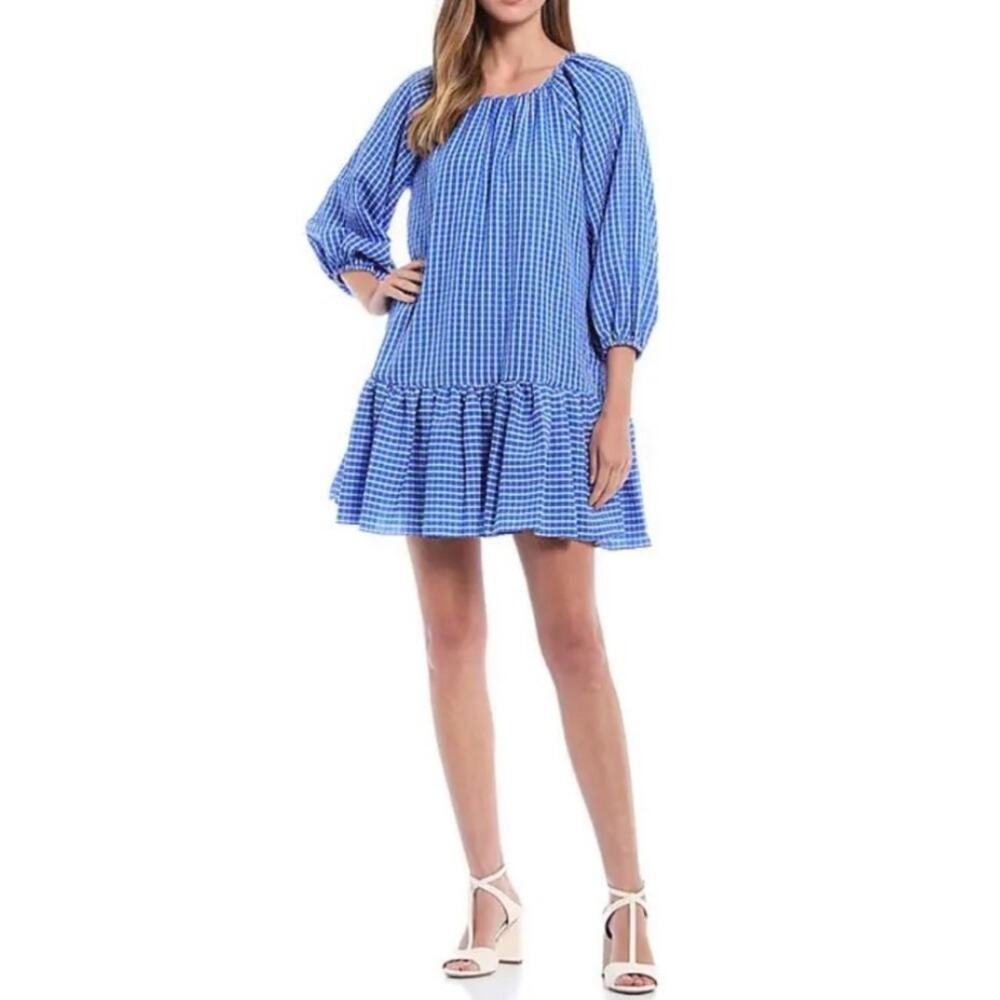 LDT Dress Mini Seersucker Coastal Preppy Flowy Puff Sleeve 4 Blue White Sorority
